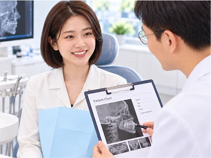 치과의사와 엑스레이를 살펴보는 청소년