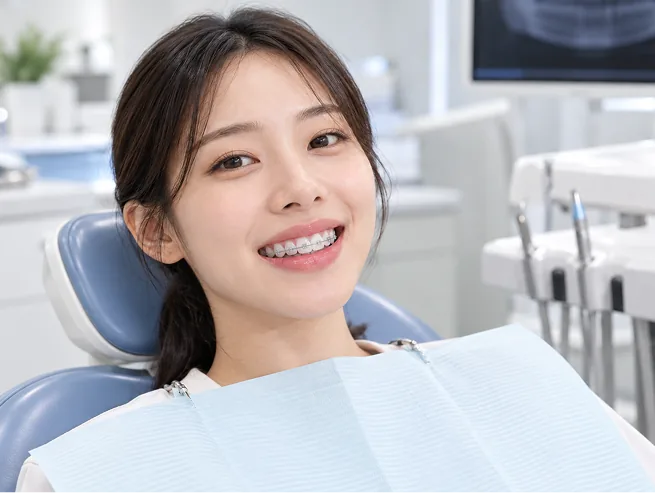 치과의사와 교정 진료 상담을 받는 환자